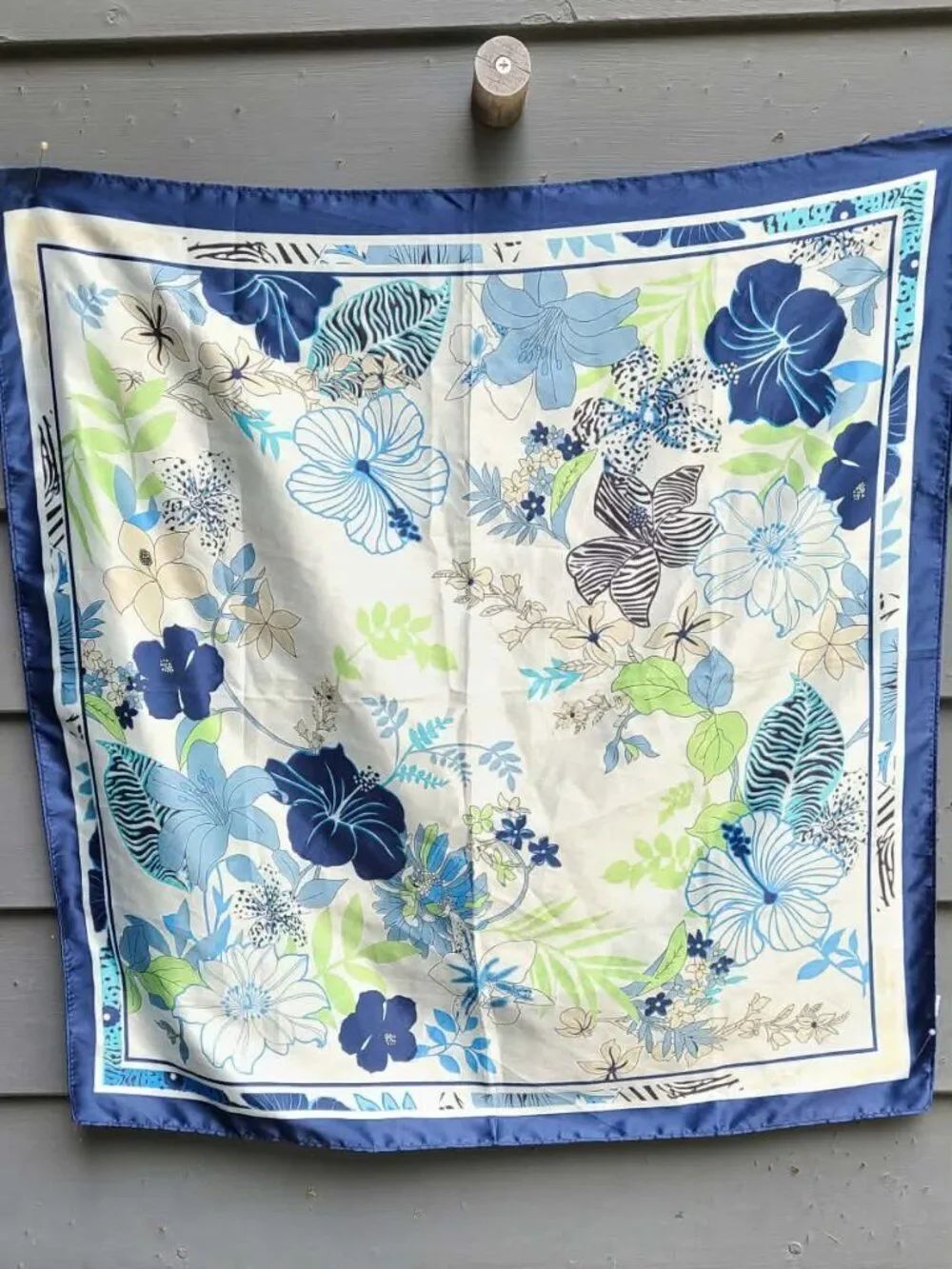 Blue White Floral 100% Polyester Scarf